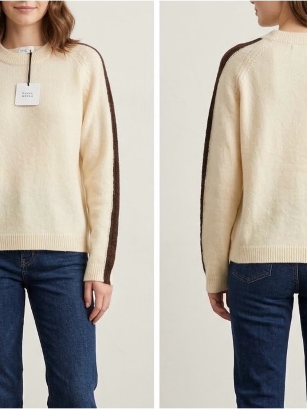 Cream Crewneck Sweater with Brown Stripe